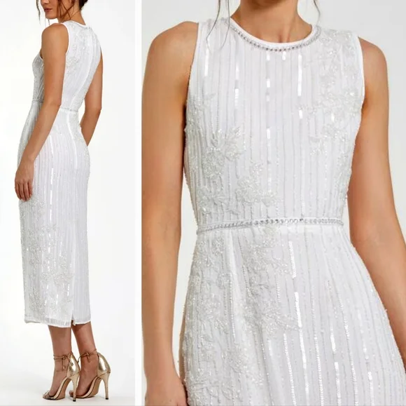 NWT Mac Duggal 70260 White Striped Beaded Floral Embellish Sleeveless Midi Dress - Picture 1 of 16